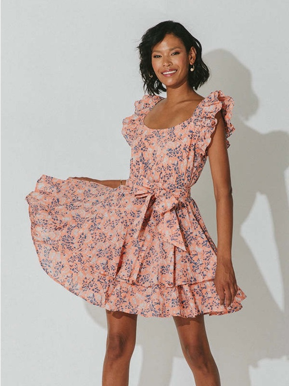 Cleobella Cotton Peach Floral Ruffle Mini Dress size small